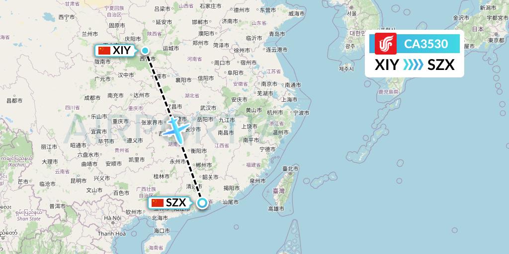 CA3530 Air China Flight Map: Xi'an to Shenzhen