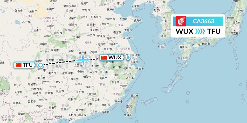 CA3663 Air China Flight Map: Wuxi to Chengdu