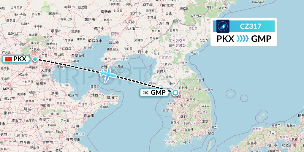 CZ317 China Southern Airlines Flight Map: Beijing to Seoul