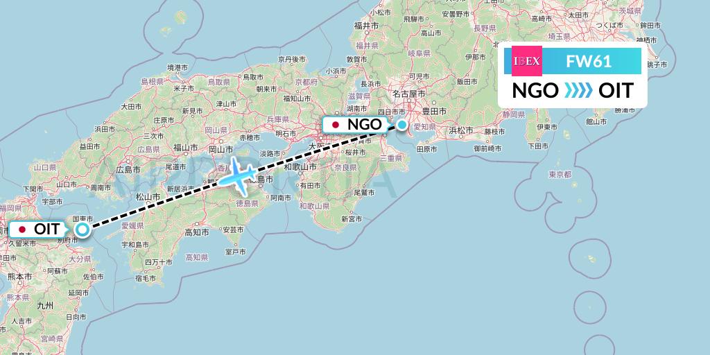 FW61 Ibex Airlines Flight Map: Nagoya to Oita