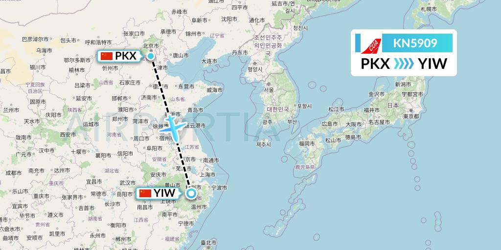 KN5909 China United Airlines Flight Map: Beijing to Yiwu