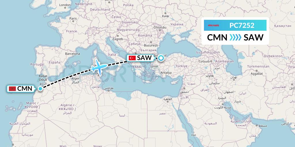 PC7252 Pegasus Airlines Flight Map: Casablanca to Istanbul