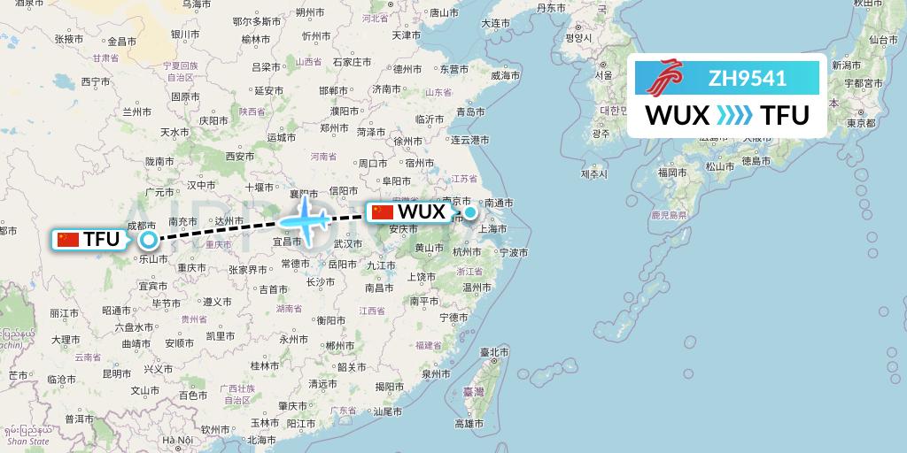 ZH9541 Shenzhen Airlines Flight Map: Wuxi to Chengdu