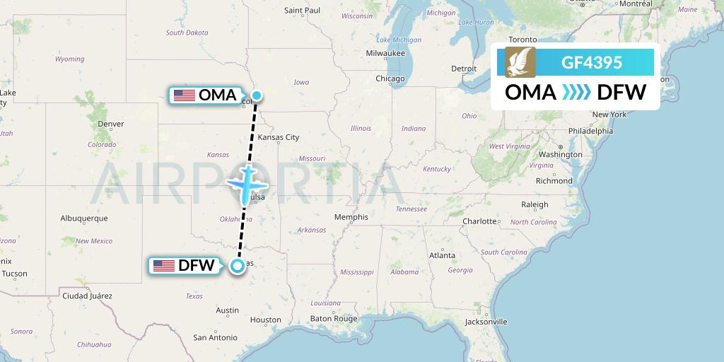 GF4395 Gulf Air Flight Map: Omaha to Dallas