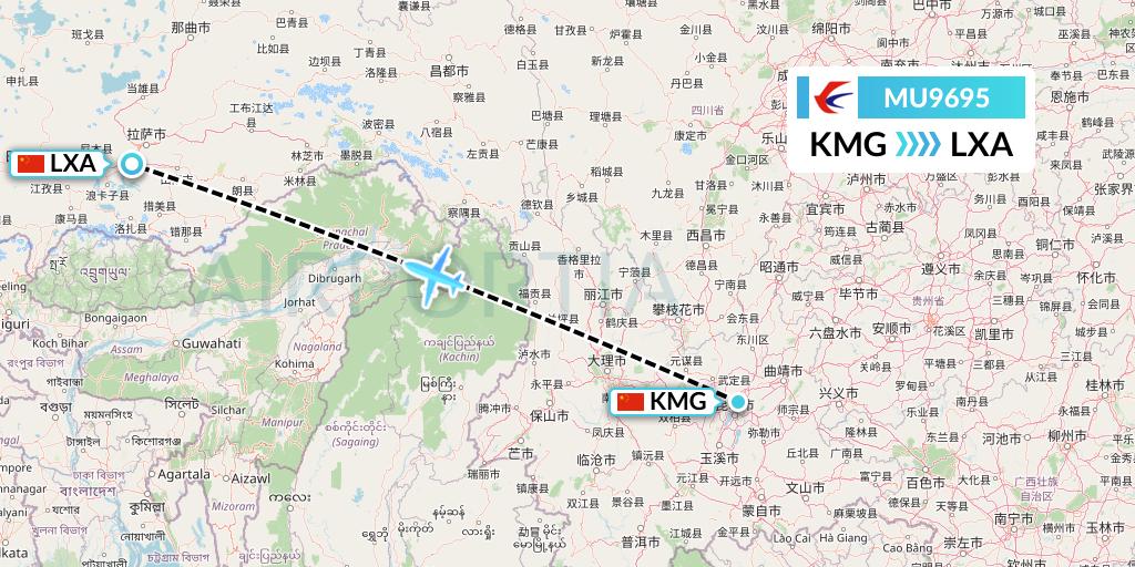 MU9695 China Eastern Airlines Flight Map: Kunming to Lhasa