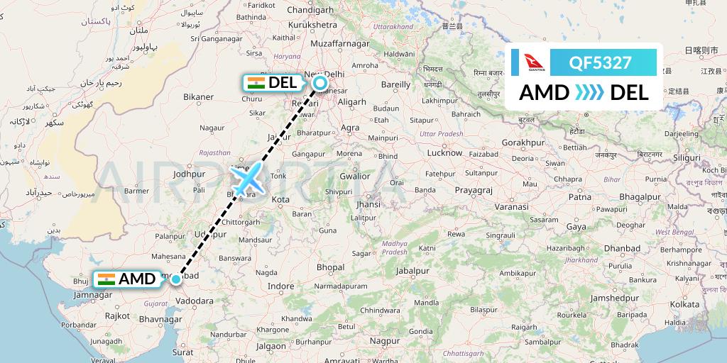 QF5327 Qantas Flight Map: Ahmedabad to Delhi