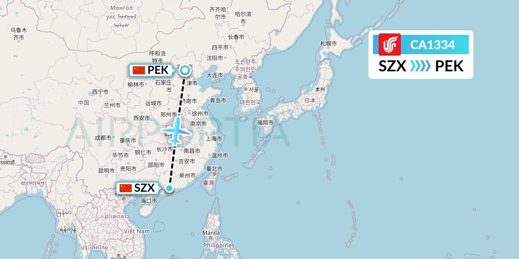 CA1334 Air China Flight Map: Shenzhen to Beijing