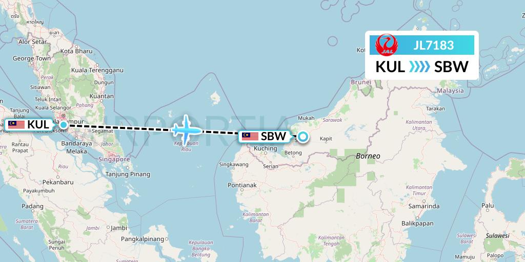 JL7183 Japan Airlines Flight Map: Kuala Lumpur to Sibu