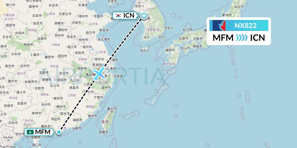 NX822 Air Macau Flight Map: Macau to Seoul
