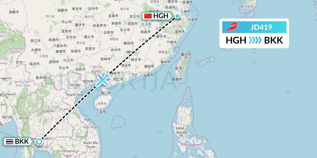 JD419 Capital Airlines Flight Map: Hangzhou to Bangkok