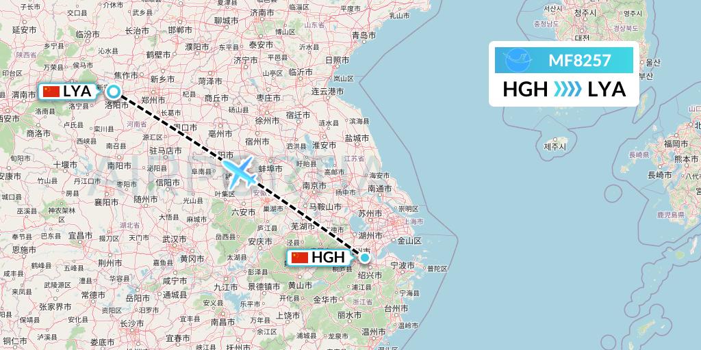 MF8257 Xiamen Airlines Flight Map: Hangzhou to Luoyang