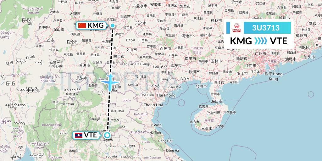 3U3713 Sichuan Airlines Flight Map: Kunming to Vientiane