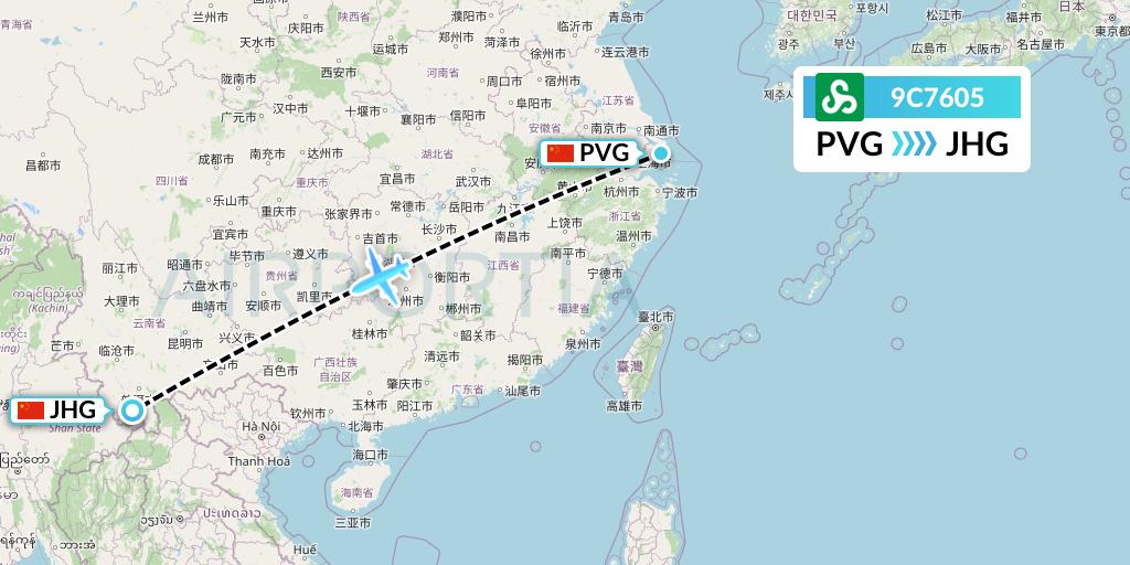 9C7605 Spring Airlines Flight Map: Shanghai to Jinghong