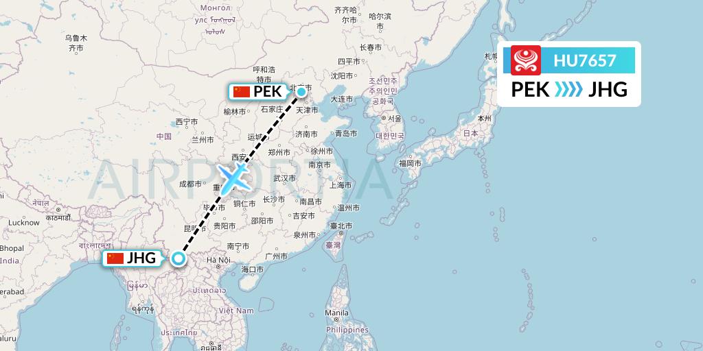 HU7657 Hainan Airlines Flight Map: Beijing to Jinghong