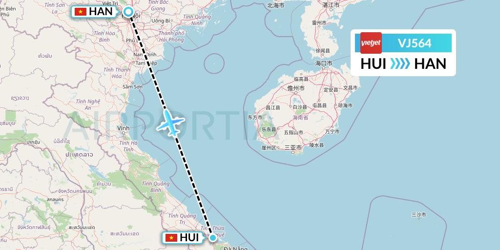 VJ564 VietJet Air Flight Map: Hue to Hanoi