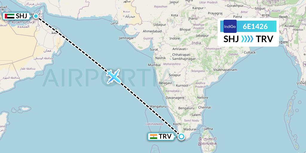 6E1426 IndiGo Airlines Flight Map: Sharjah to Thiruvananthapuram