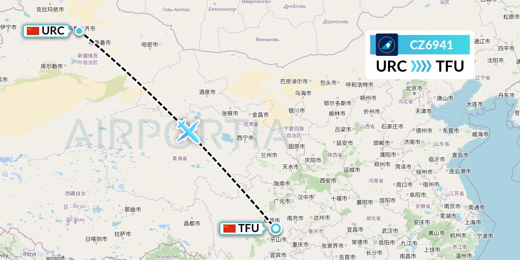 CZ6941 China Southern Airlines Flight Map: Urumqi to Chengdu