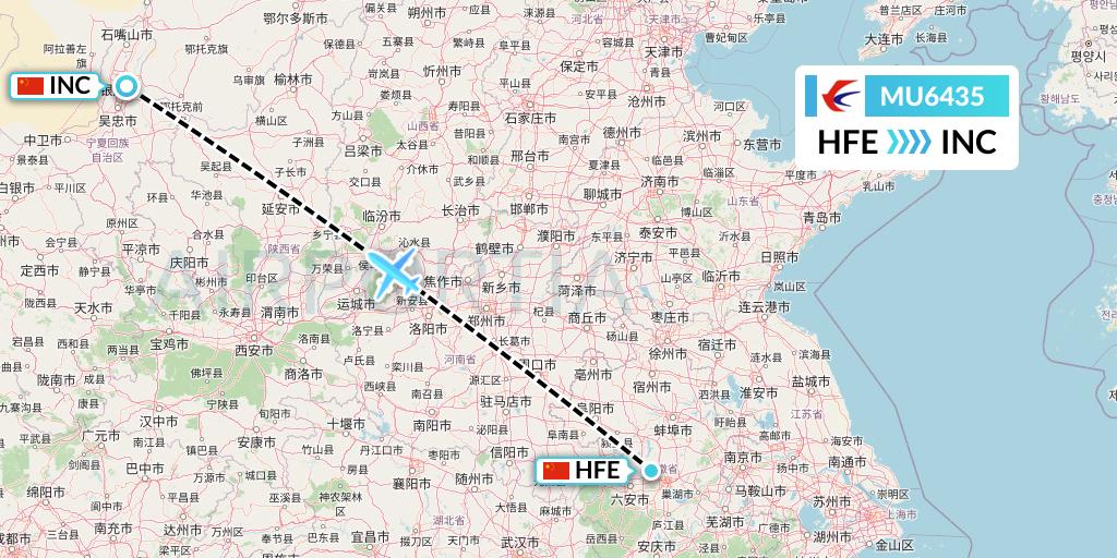MU6435 China Eastern Airlines Flight Map: Hefei to Yinchuan