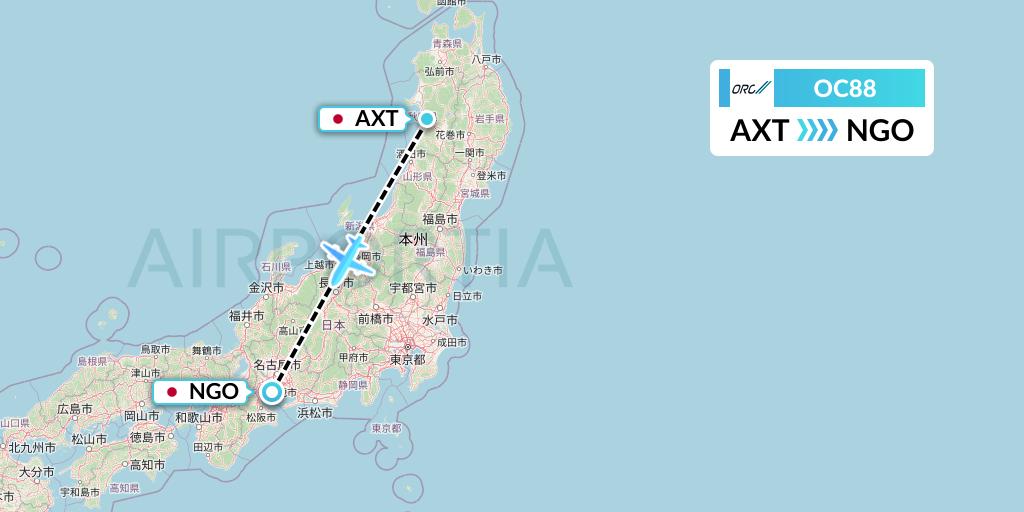 OC88 Oriental Air Bridge Flight Map: Akita to Nagoya
