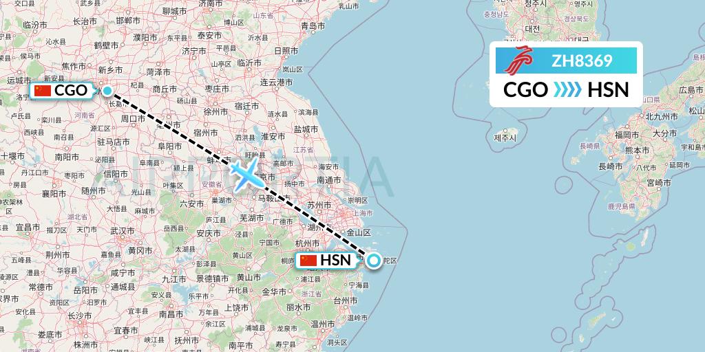 ZH8369 Shenzhen Airlines Flight Map: Zhengzhou to Zhoushan