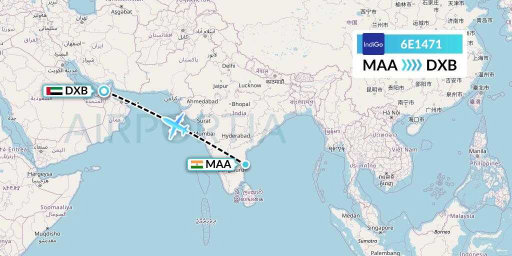 6E1471 IndiGo Airlines Flight Map: Chennai to Dubai