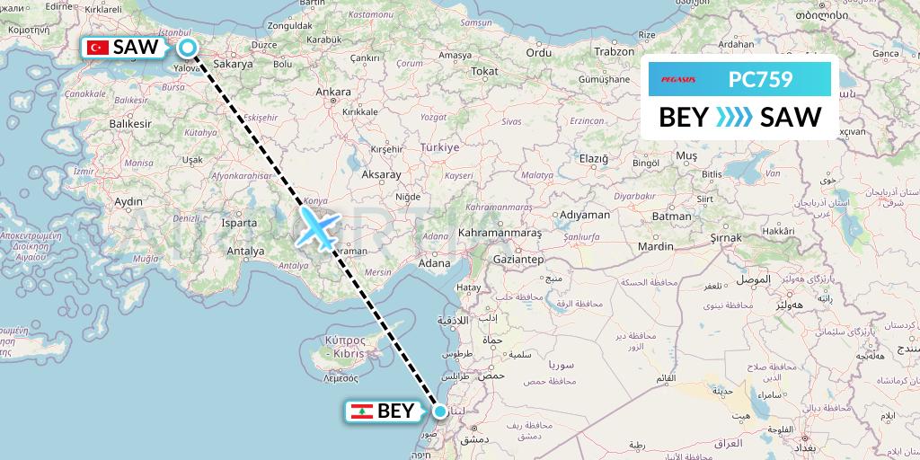 PC759 Pegasus Airlines Flight Map: Beirut to Istanbul