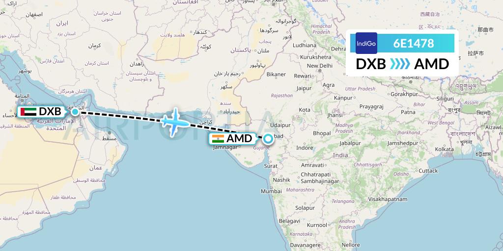 6E1478 IndiGo Airlines Flight Map: Dubai to Ahmedabad