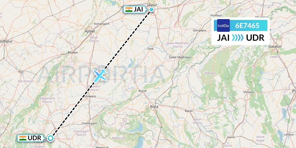 6E7465 IndiGo Airlines Flight Map: Jaipur to Udaipur