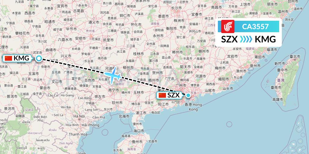CA3557 Air China Flight Map: Shenzhen to Kunming