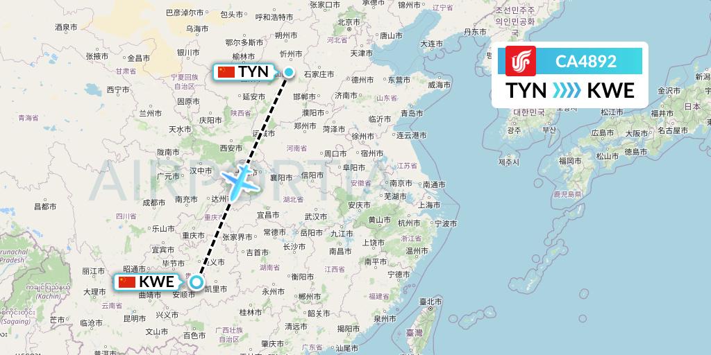 CA4892 Air China Flight Map: Taiyuan to Guiyang