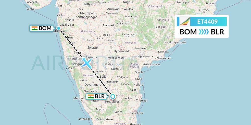 ET4409 Ethiopian Airlines Flight Map: Mumbai to Bangalore