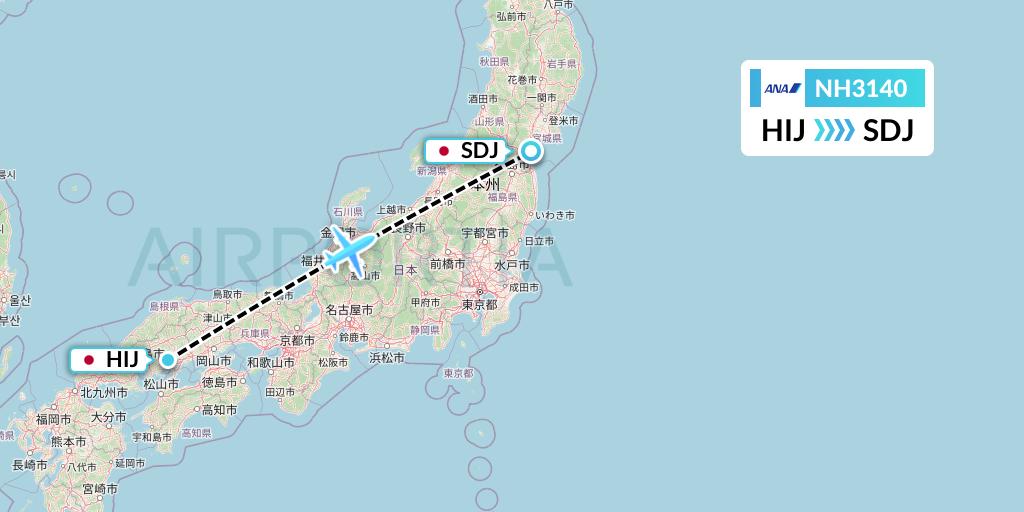 NH3140 All Nippon Airways Flight Map: Hiroshima to Sendai