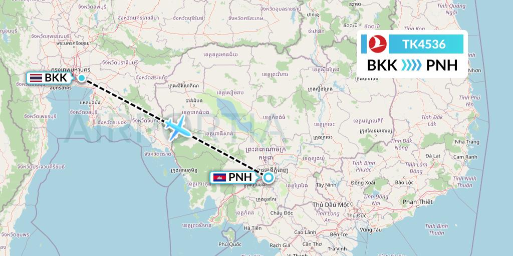 TK4536 Turkish Airlines Flight Map: Bangkok to Phnom Penh