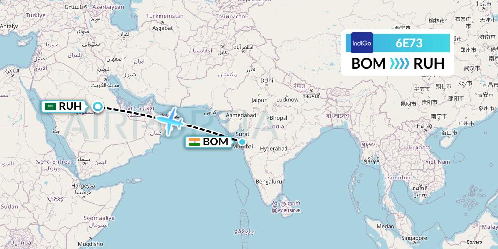 6E73 IndiGo Airlines Flight Map: Mumbai to Riyadh