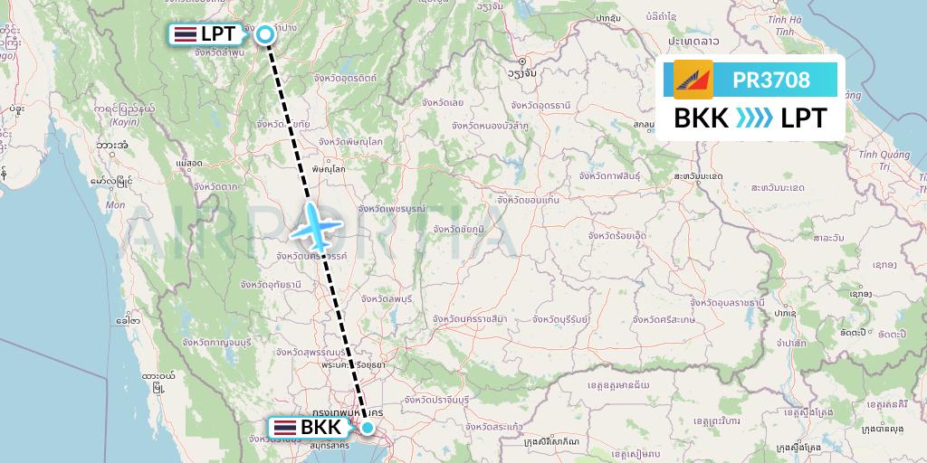 PR3708 Philippine Airlines Flight Map: Bangkok to Lampang