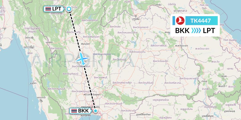TK4447 Turkish Airlines Flight Map: Bangkok to Lampang