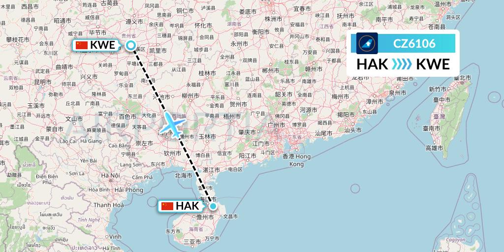 CZ6106 China Southern Airlines Flight Map: Haikou to Guiyang