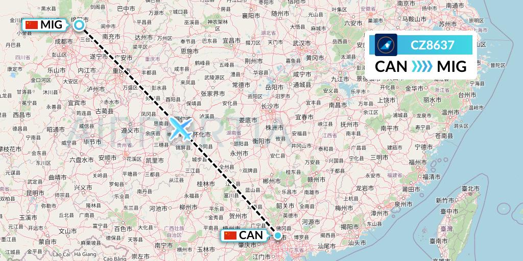 CZ8637 China Southern Airlines Flight Map: Guangzhou to Mianyang
