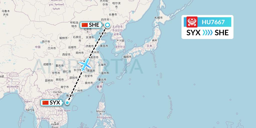 HU7667 Hainan Airlines Flight Map: Sanya to Shenyang