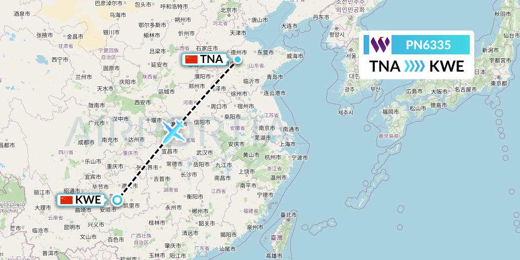PN6335 China West Air Flight Map: Jinan to Guiyang