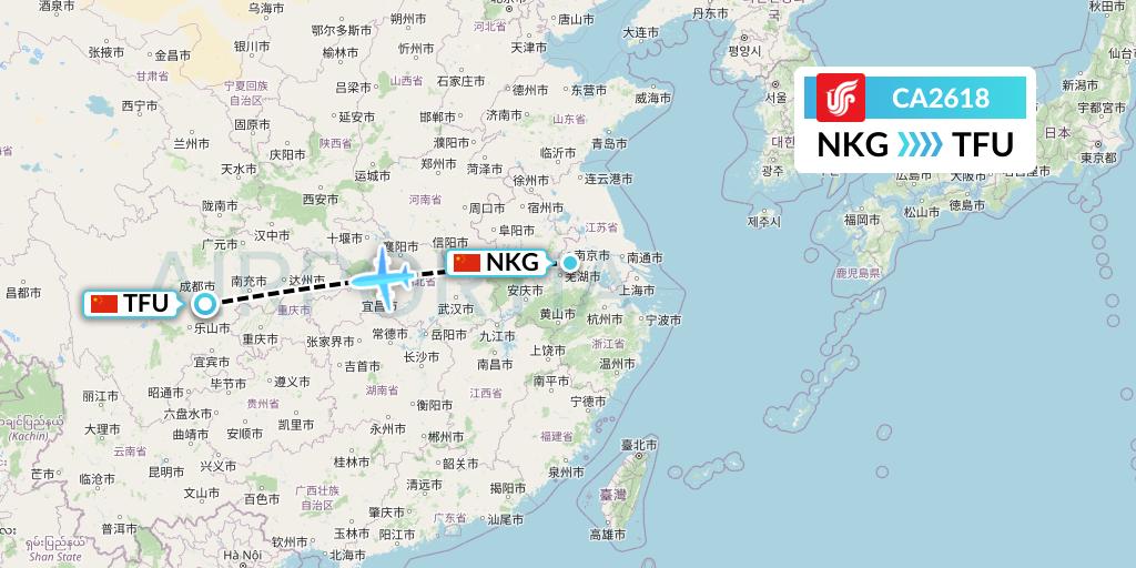 CA2618 Air China Flight Map: Nanjing to Chengdu