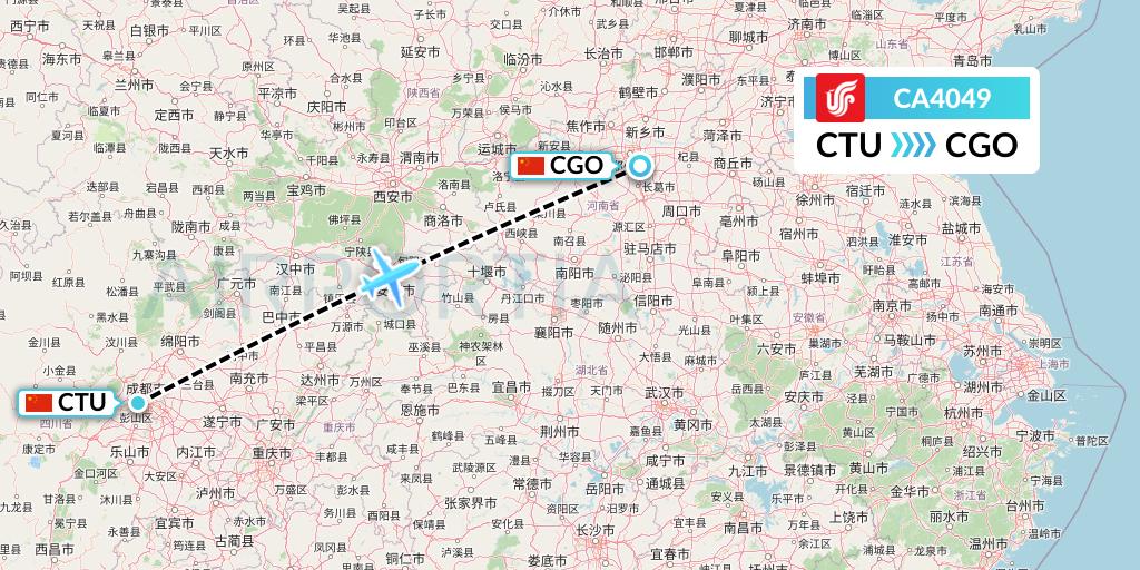 CA4049 Air China Flight Map: Chengdu to Zhengzhou