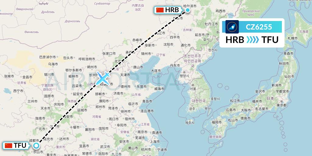 CZ6255 China Southern Airlines Flight Map: Harbin to Chengdu