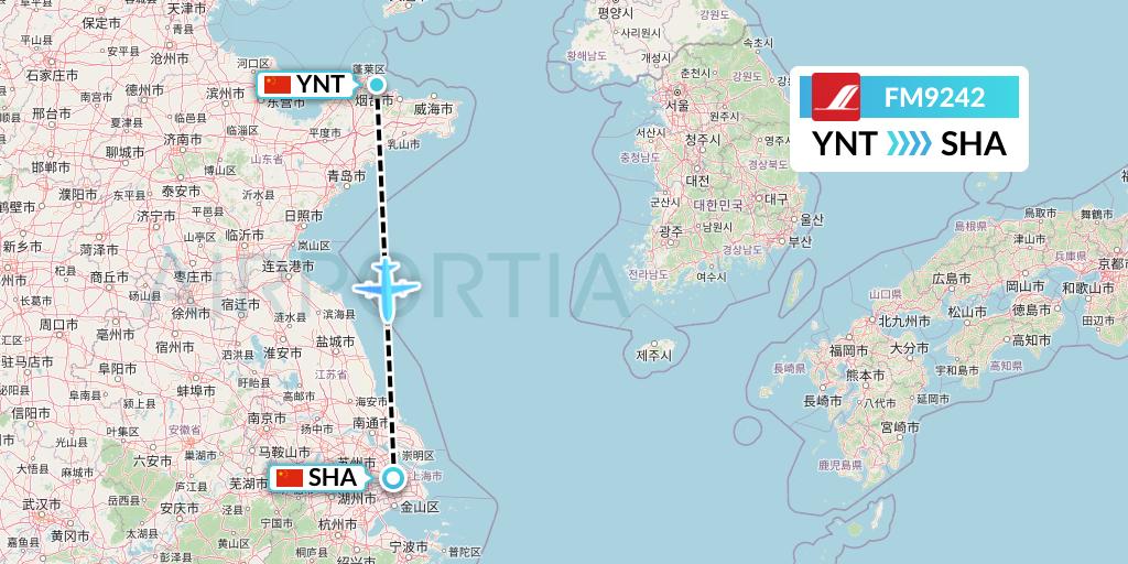 FM9242 Shanghai Airlines Flight Map: Yantai to Shanghai