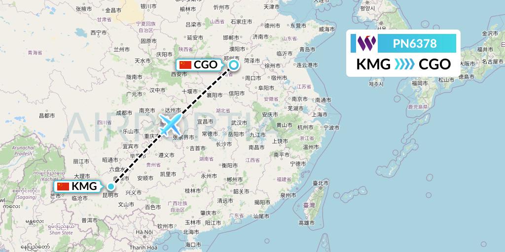 PN6378 China West Air Flight Map: Kunming to Zhengzhou