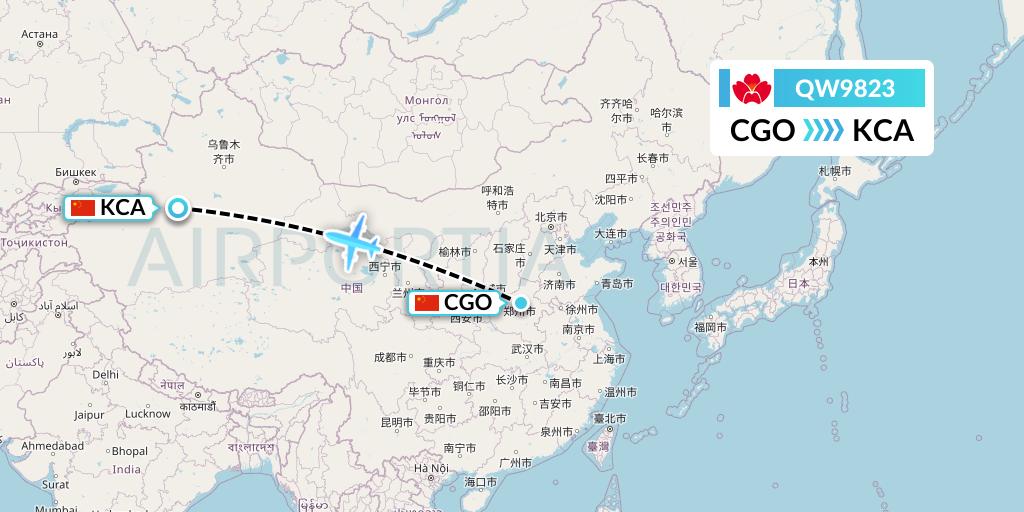 QW9823 Qingdao Airlines Flight Map: Zhengzhou to Kuqa