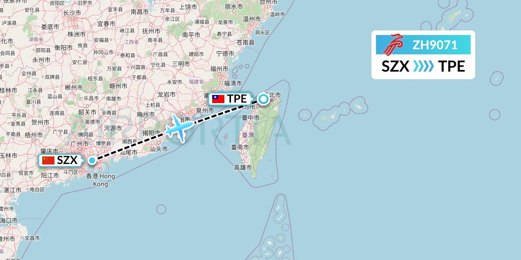ZH9071 Shenzhen Airlines Flight Map: Shenzhen to Taipei