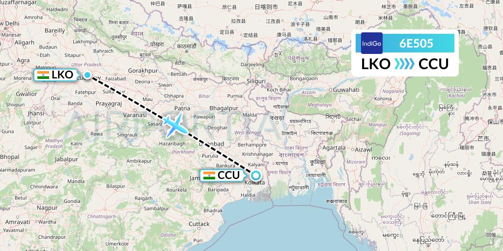 6E505 IndiGo Airlines Flight Map: Lucknow to Kolkata