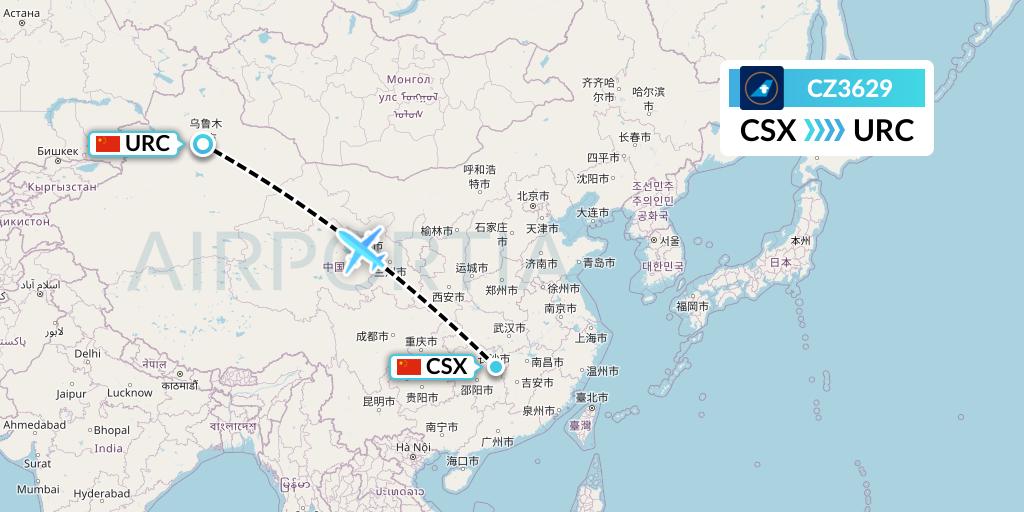 CZ3629 China Southern Airlines Flight Map: Changsha to Urumqi