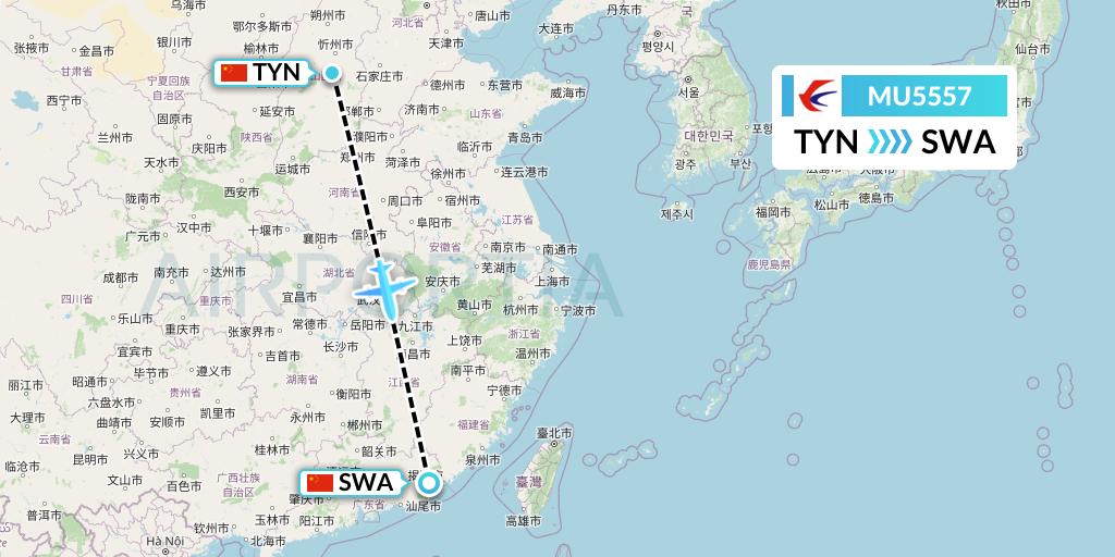 MU5557 China Eastern Airlines Flight Map: Taiyuan to Jieyang